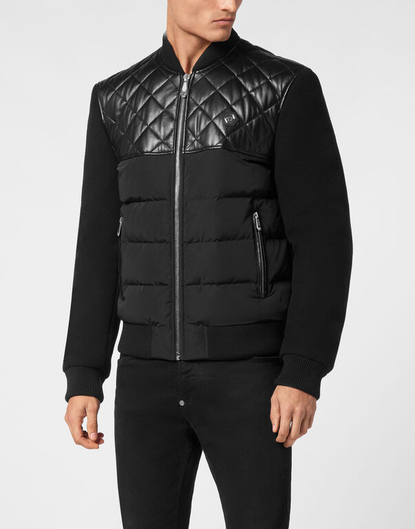 Puffer Leather Bomber Jacket LS black
