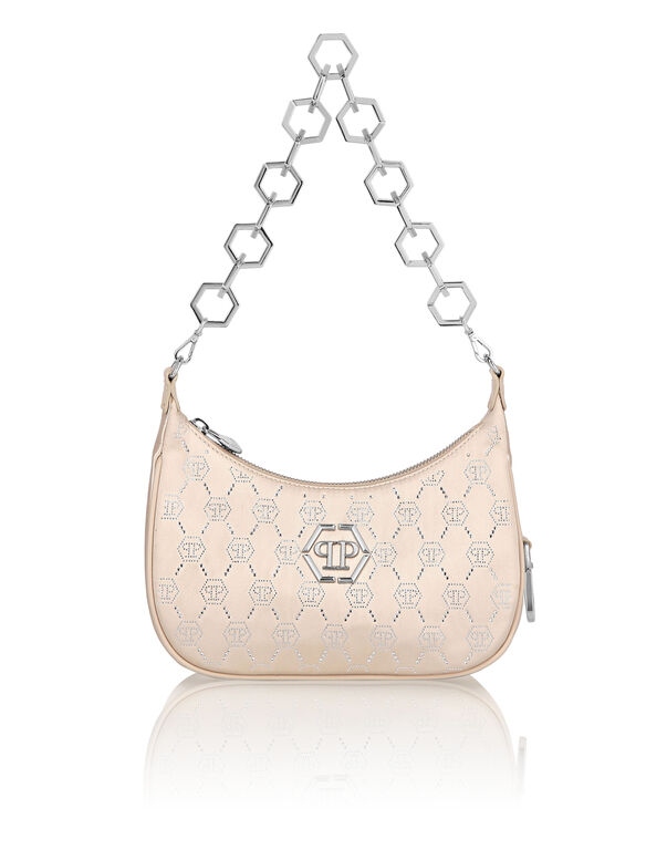 Satin Shoulder Bag Monogram Strass Crystal+Beige