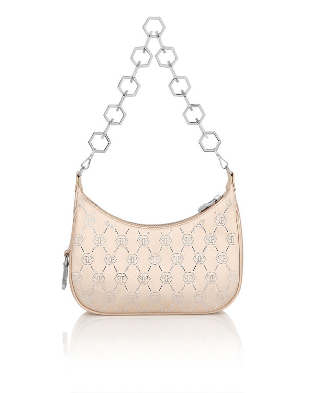 Satin Shoulder Bag Monogram Strass Crystal+Beige