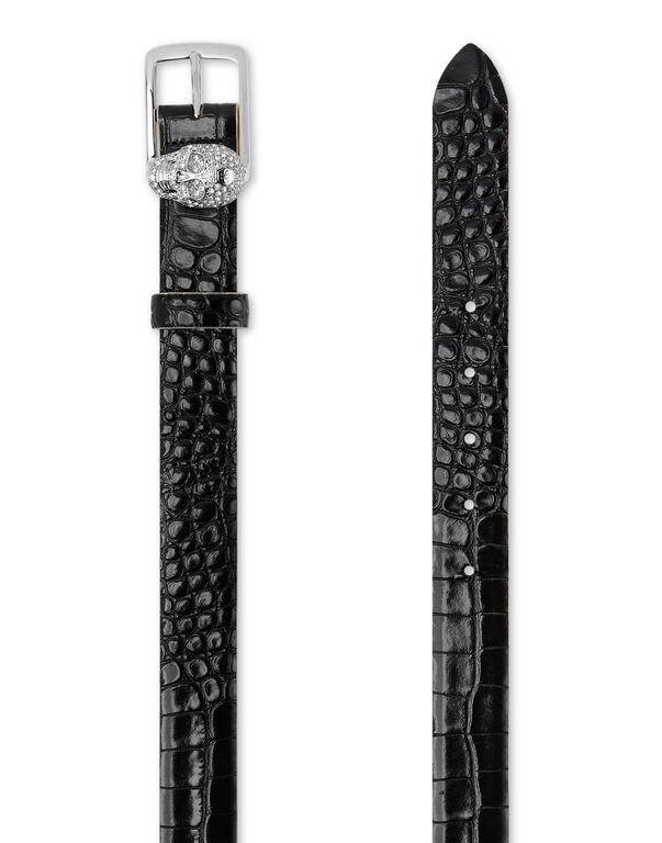 Leather Belt Crocco Print Shiny Skull black