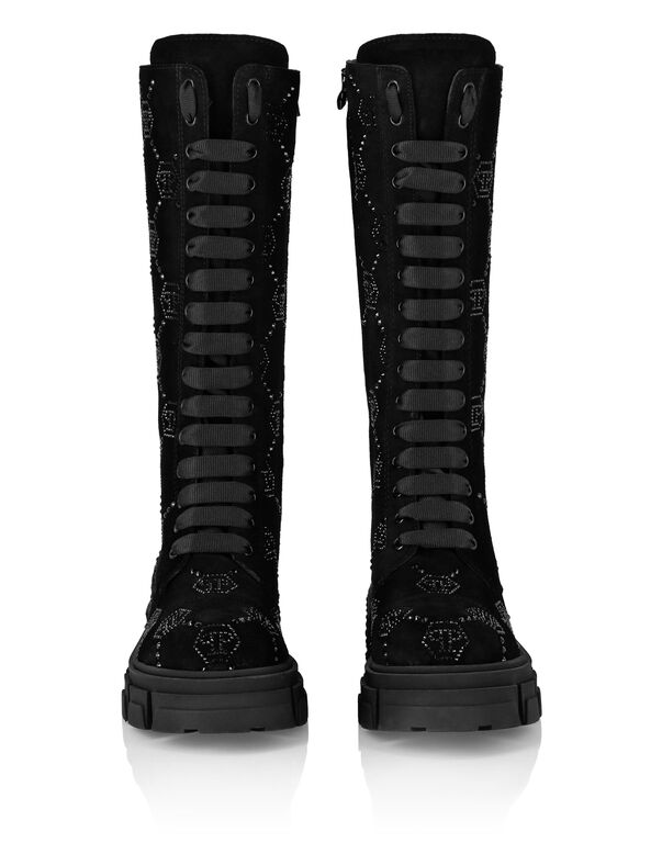 Suede Boots Flat High Strass Monogram black