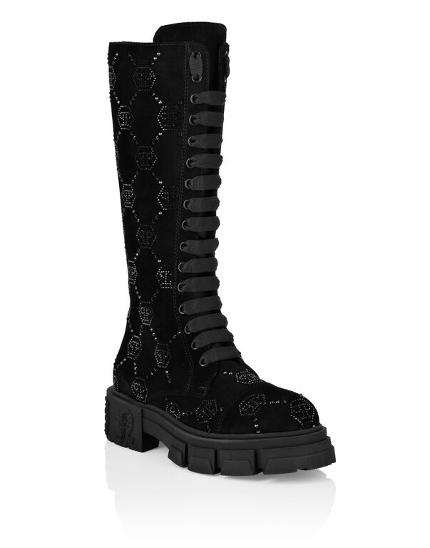 Suede Boots Flat High Strass Monogram black