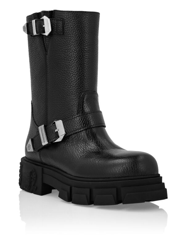 Deer Leather Boots Flat High Gothic Plein black