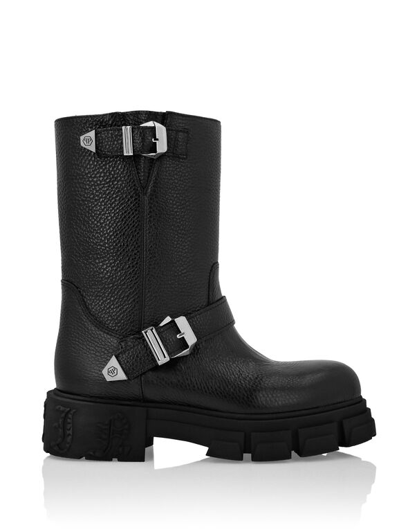Deer Leather Boots Flat High Gothic Plein black