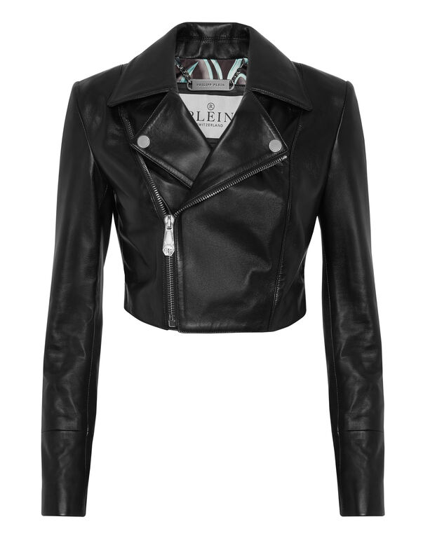 Cropped Leather Biker Jacket LS Flame Racing black