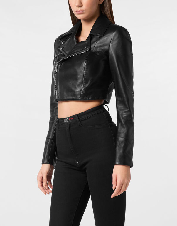 Cropped Leather Biker Jacket LS Flame Racing black