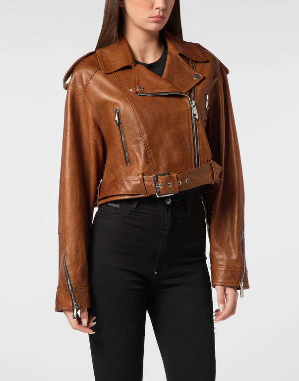 Leather Biker Jacket Vintage Moon dark brown