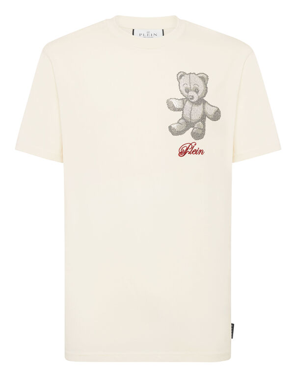 Embroidered Round Neck T-Shirt Strass Teddy Bear beige