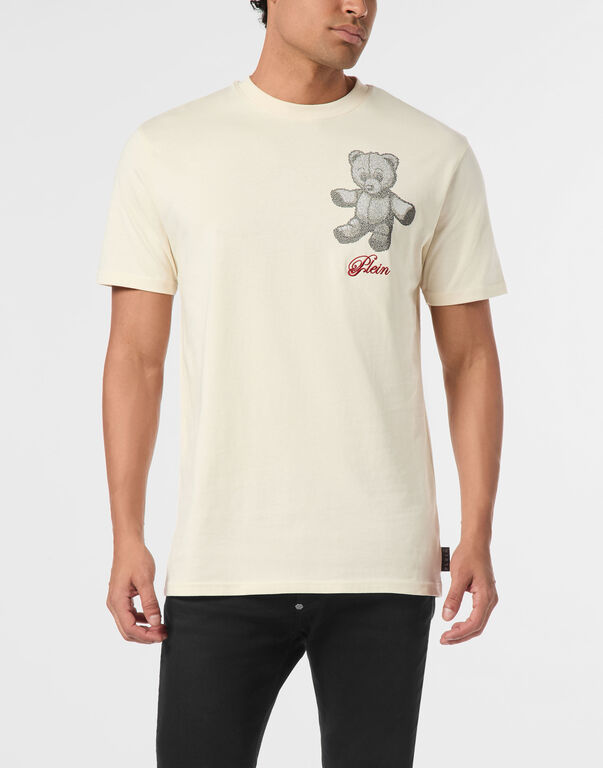 Embroidered Round Neck T-Shirt Strass Teddy Bear beige