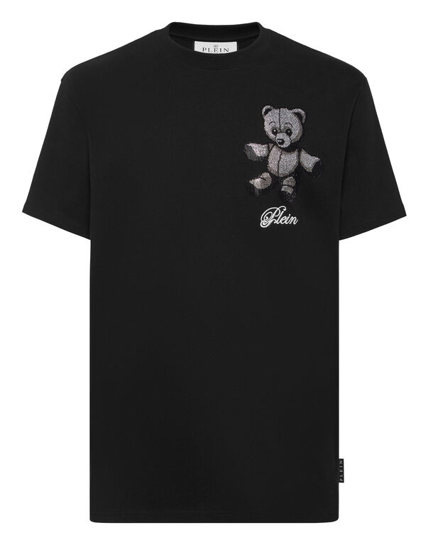 Embroidered Round Neck T-Shirt Strass Teddy Bear black