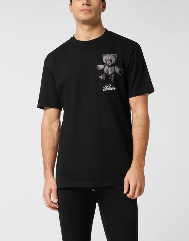Embroidered Round Neck T-Shirt Strass Teddy Bear black