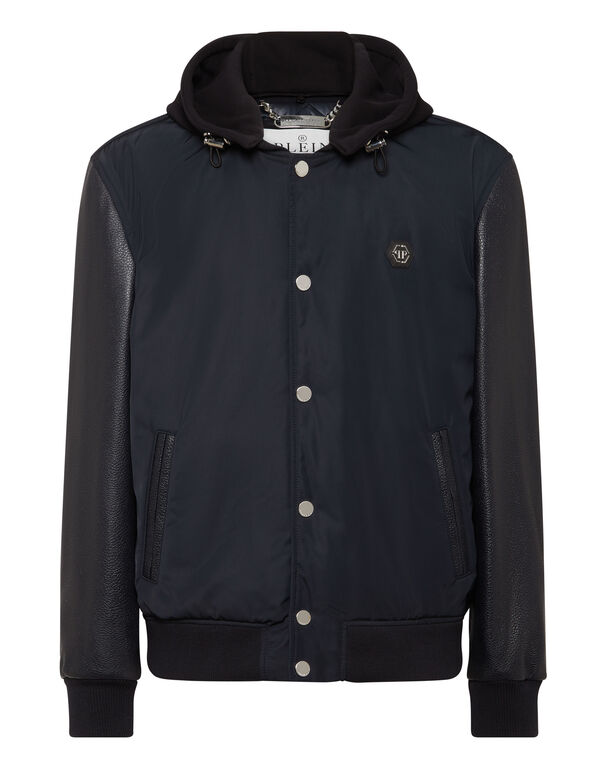 Nylon & Leather Varsity Bomber Hooded Jacket navy