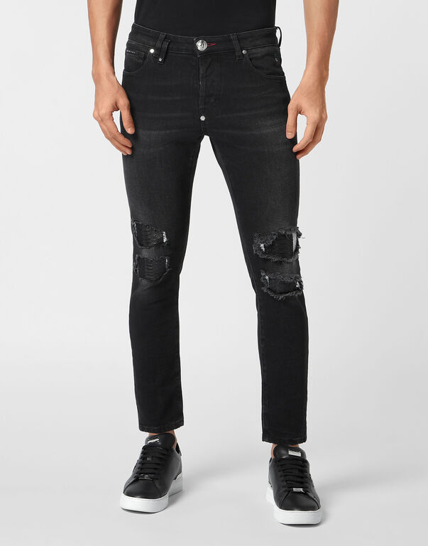 Denim Trousers Skinny Fit with Python Inserts marble grey