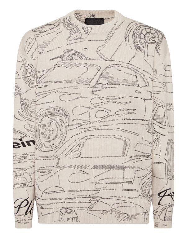 Knitted Pullover Round Neck LS Cars Racing Black/Off White