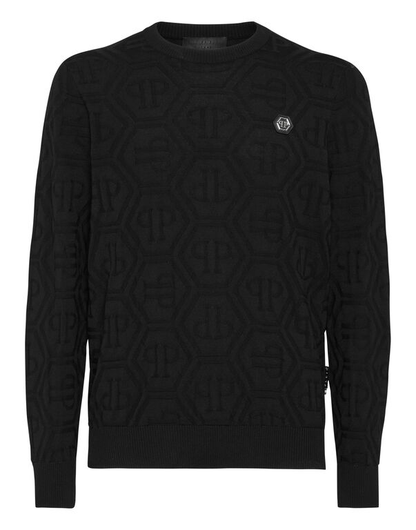 Jacquard Silk Wool Pullover Round Neck LS Monogram black