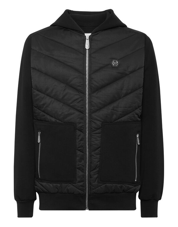 Nylon and Fleece Hooded Tracksuit Jacket with Padded Inserts black