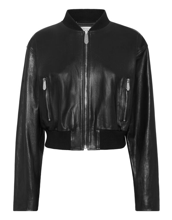 Cropped Leather Bomber Embossed Signature black