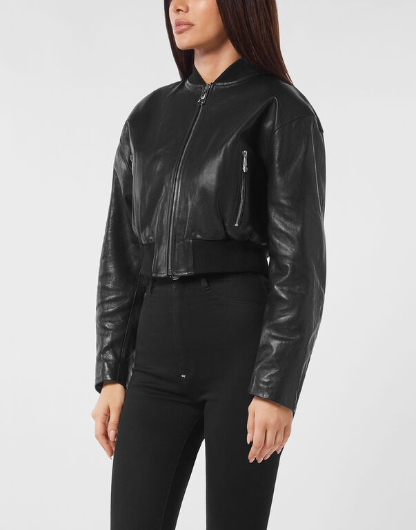 Cropped Leather Bomber Embossed Signature black