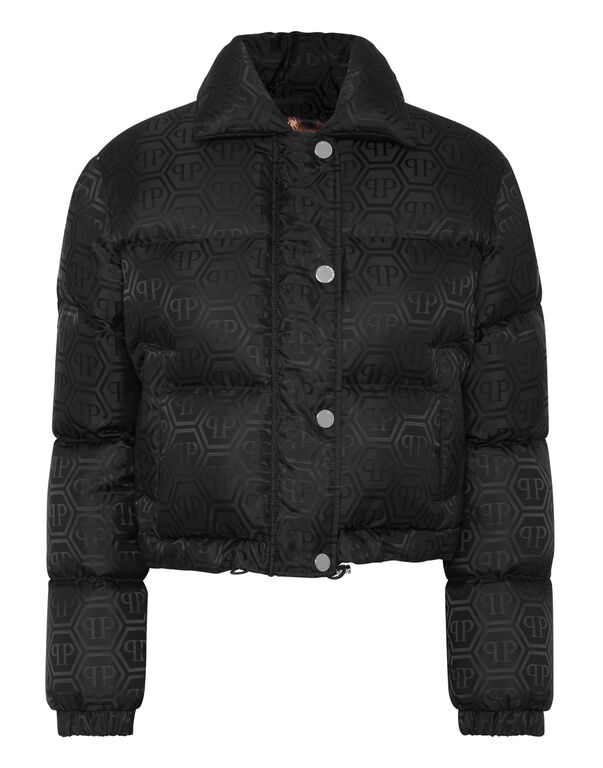 Nylon Jacquard Cropped Puffer Jacket Monogram black