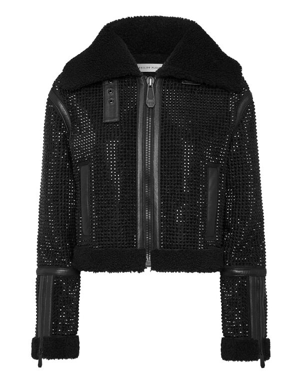 Crystal Shearling Cropped Jacket black