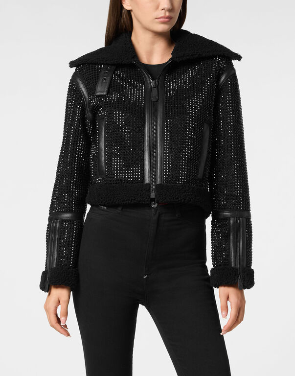Crystal Shearling Cropped Jacket black