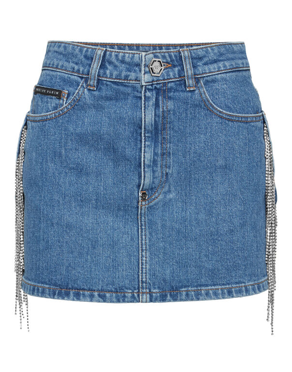 Denim Mini Skirt Crystal Fringes Monte Carlo
