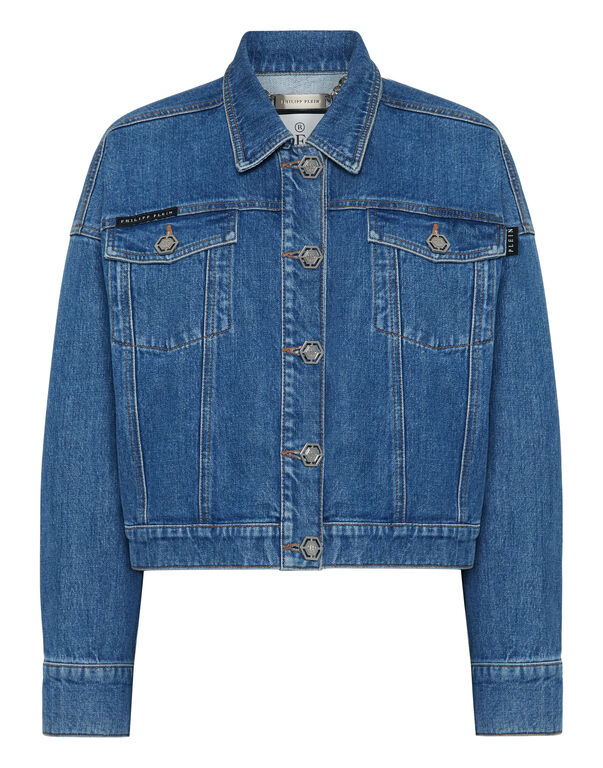 Denim Cropped Jacket Crystal Fringes Monte Carlo