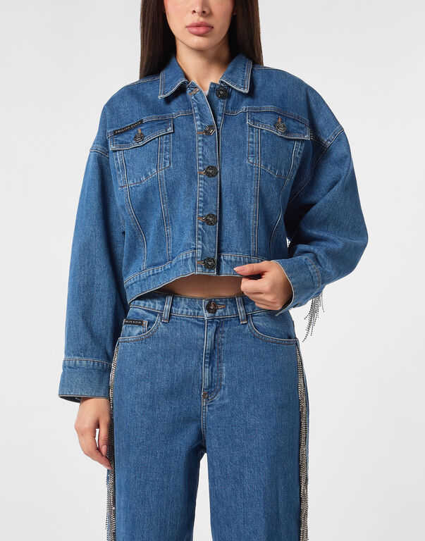 Denim Cropped Jacket Crystal Fringes Monte Carlo