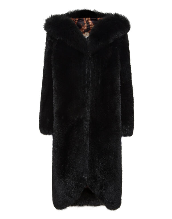 Fox Fur Oversize Coat Long black