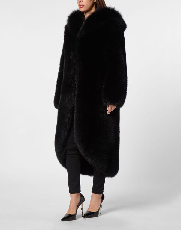 Fox Fur Oversize Coat Long black