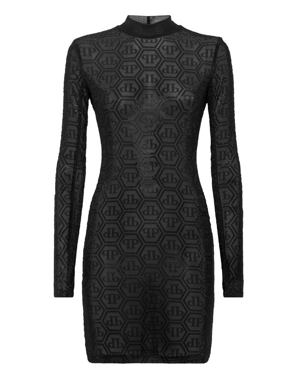 Tulle Long-Sleeved Mini Dress Monogram Strass black