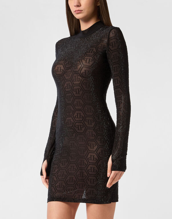 Tulle Long-Sleeved Mini Dress Monogram Strass black