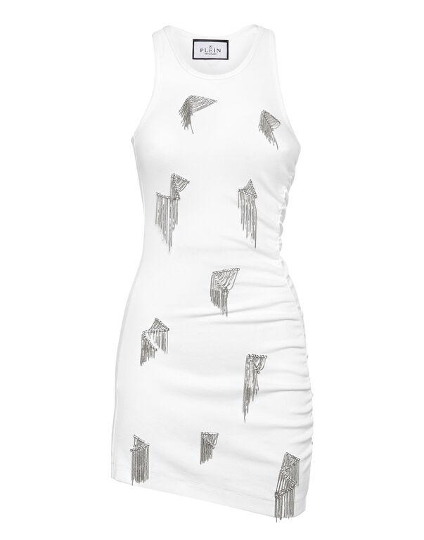 Jersey Rib Short Dress Fringe white