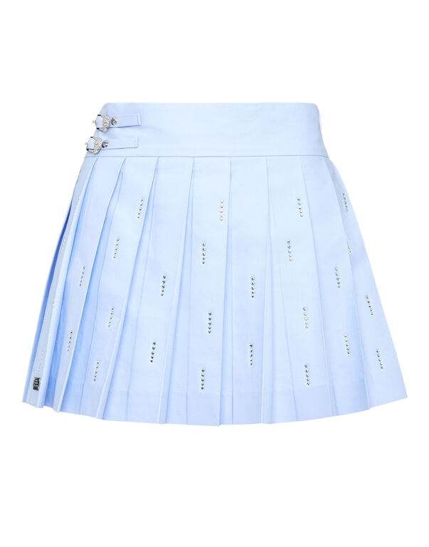 Pleated Mini Skirt Strass Skull light blue