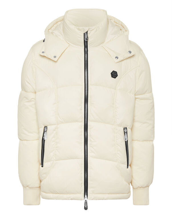 Mix Nylon Short Puffer Jacket beige