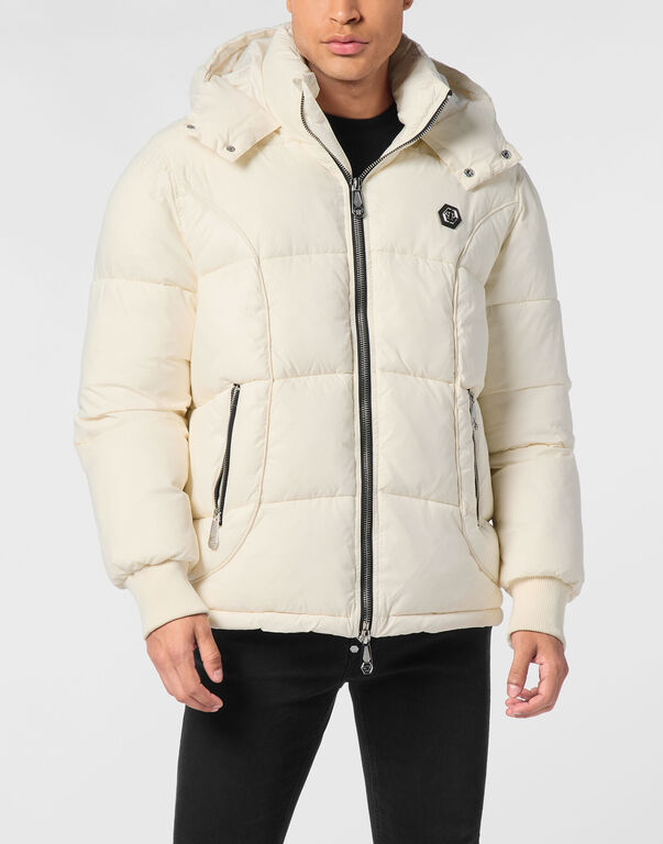 Mix Nylon Short Puffer Jacket beige