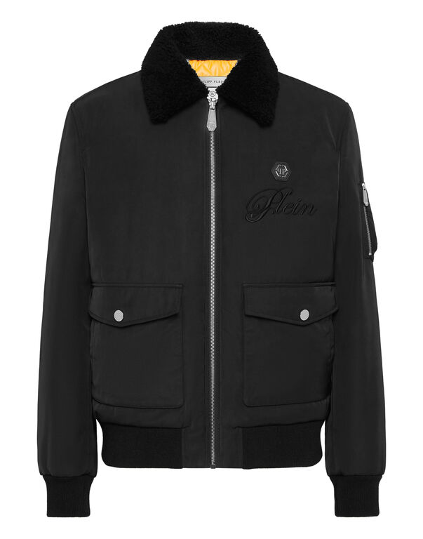 Nylon Aviator Jacket with Shearling Collar black