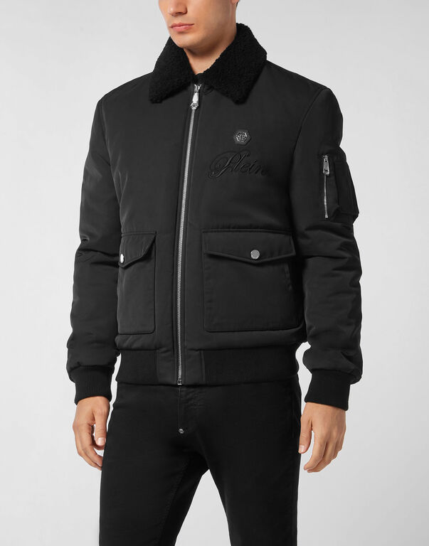Nylon Aviator Jacket with Shearling Collar black