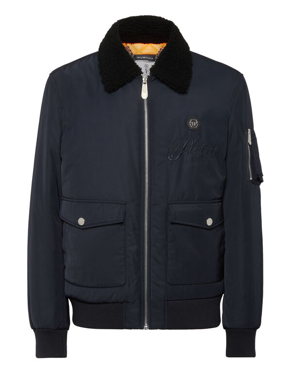 Nylon Aviator Jacket with Shearling Collar navy