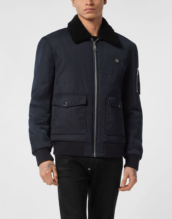 Nylon Aviator Jacket with Shearling Collar navy