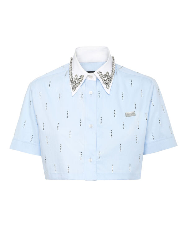 Poplin Cropped Shirt SS Strass light blue