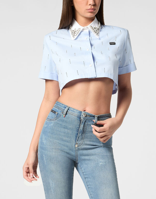 Poplin Cropped Shirt SS Strass light blue