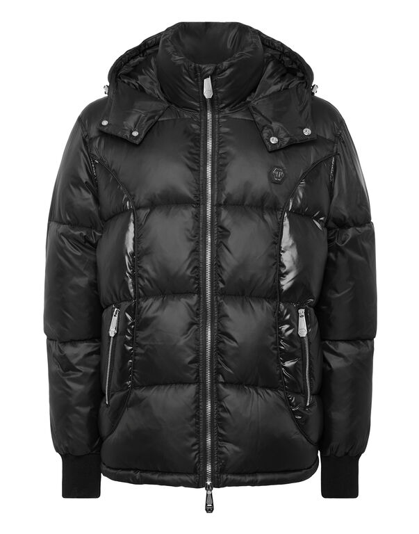 Mix Nylon Short Puffer Jacket black