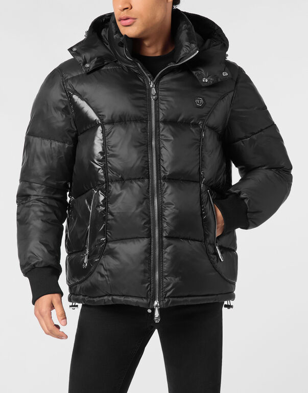 Mix Nylon Short Puffer Jacket black