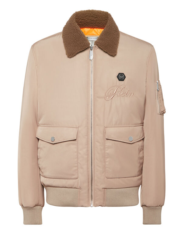 Nylon Aviator Jacket with Shearling Collar beige