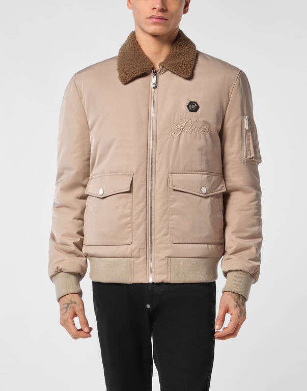 Nylon Aviator Jacket with Shearling Collar beige