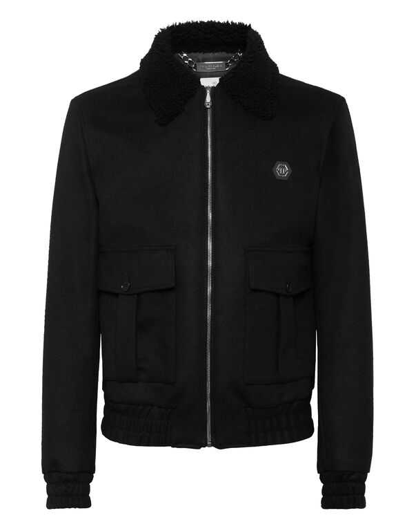 Wool Aviator Jacket With Shirling Cape black