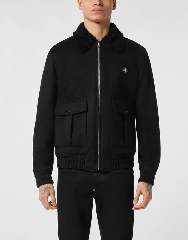 Wool Aviator Jacket With Shirling Cape black
