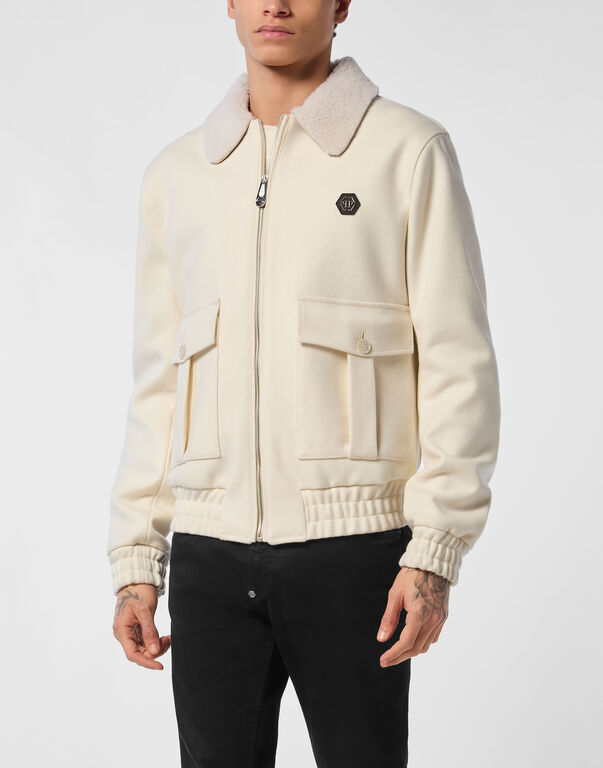 Wool Aviator Jacket With Shirling Cape Off White