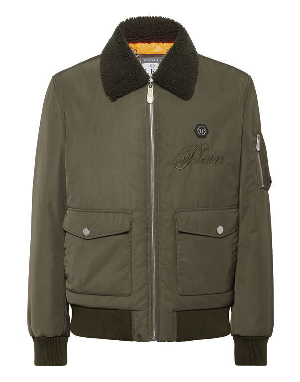 Nylon Aviator Jacket with Shearling Collar Dark Green